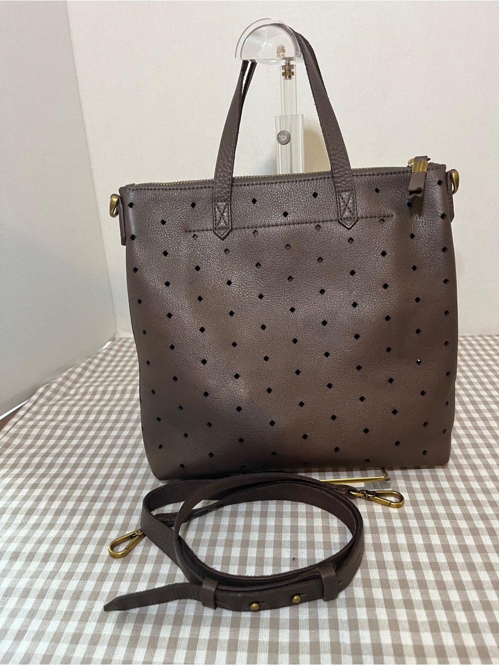 Medium Brown Madewell Leather Transport Crossbody / Tote Bag with Brass Hardware